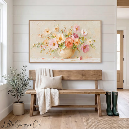 Peach Floral Bouquet in Vase Frame TV Art displayed on a TV
