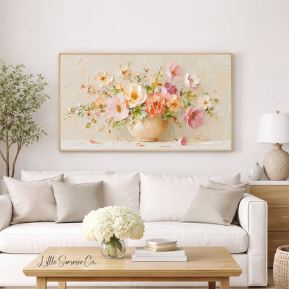 Peach Floral Bouquet in Vase Frame TV Art displayed on a TV
