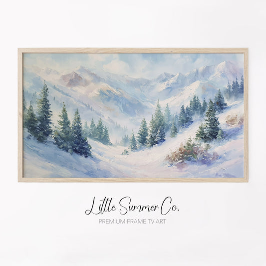 Snowy Mountain Pine Forest Frame TV Art displayed on a TV