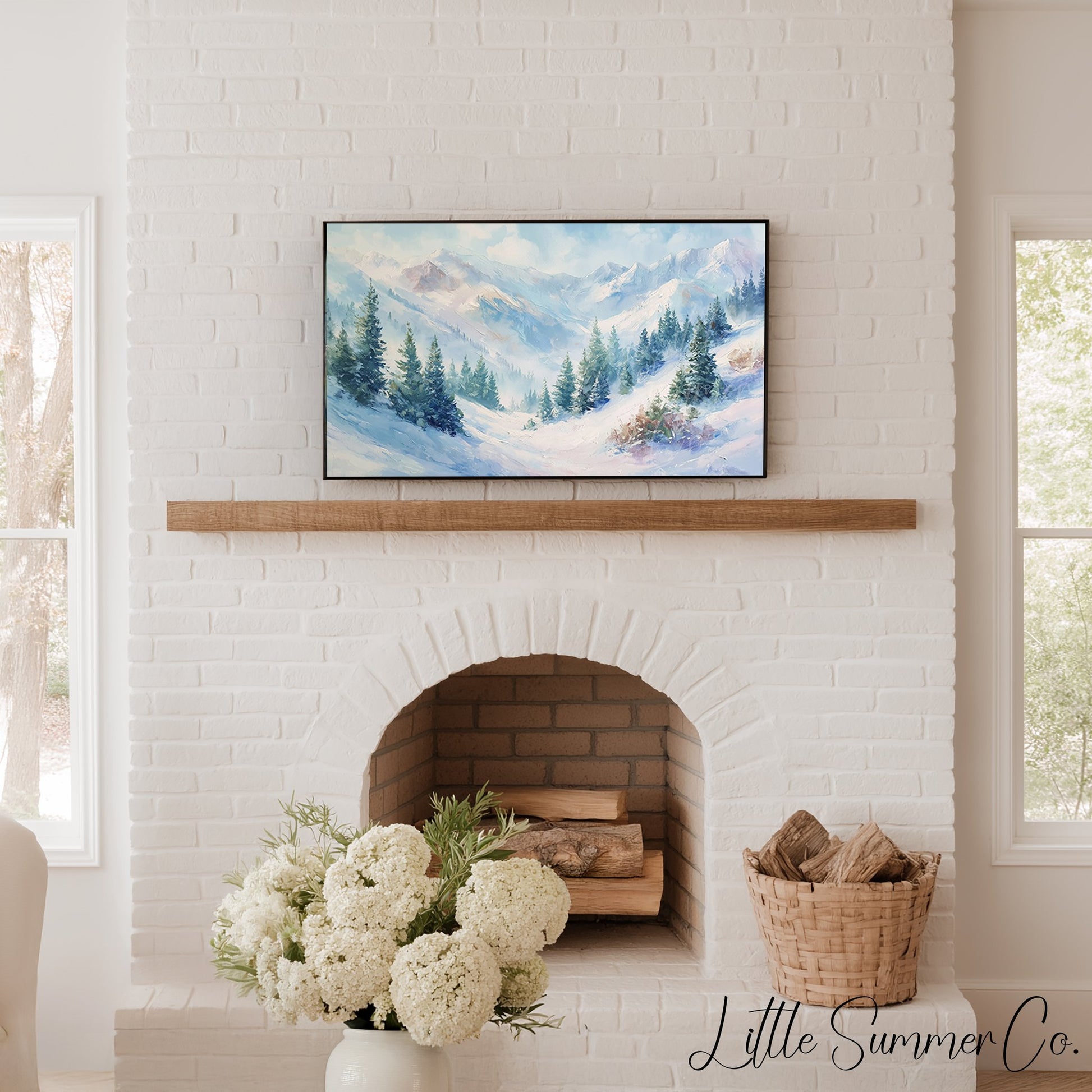 Snowy Mountain Pine Forest Frame TV Art displayed on a TV