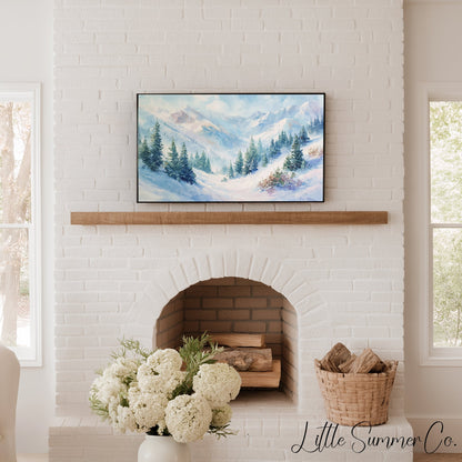 Snowy Mountain Pine Forest Frame TV Art displayed on a TV