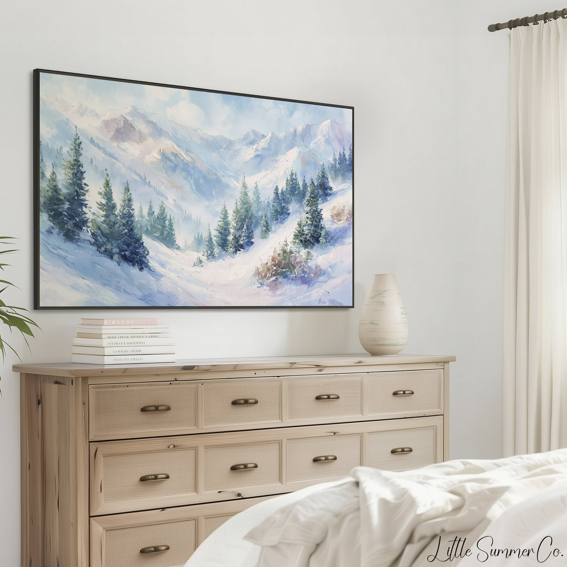 Snowy Mountain Pine Forest Frame TV Art displayed on a TV