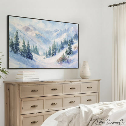 Snowy Mountain Pine Forest Frame TV Art displayed on a TV