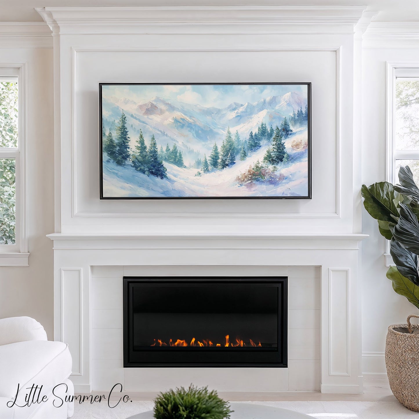 Snowy Mountain Pine Forest Frame TV Art displayed on a TV