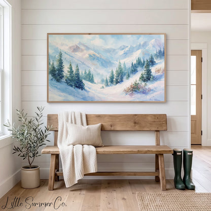 Snowy Mountain Pine Forest Frame TV Art displayed on a TV