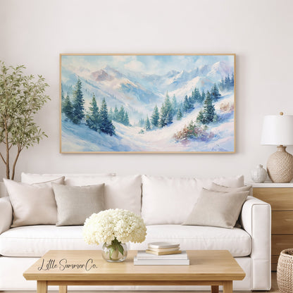 Snowy Mountain Pine Forest Frame TV Art displayed on a TV