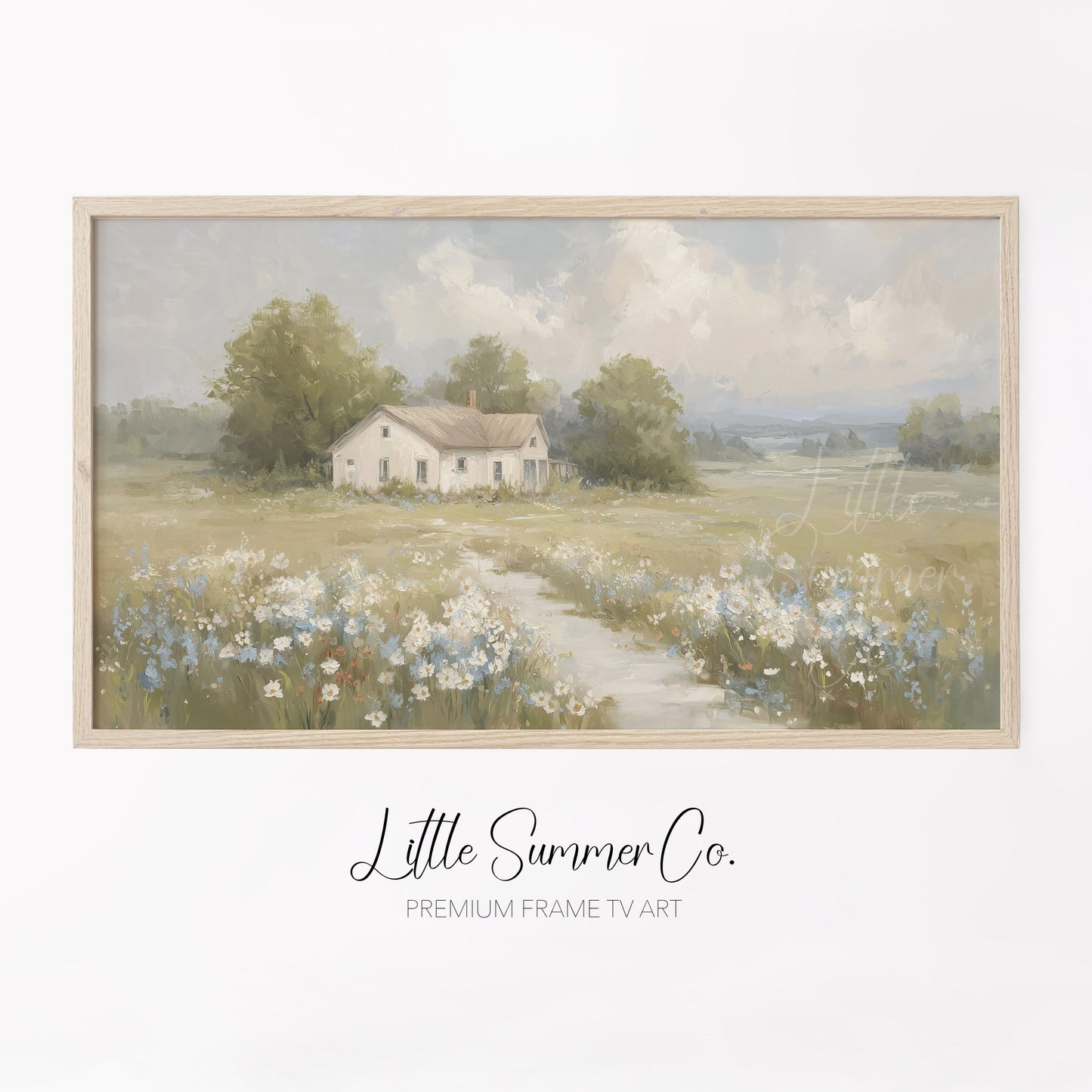 Farmhouse Meadow Clouds Frame TV Art displayed on a TV