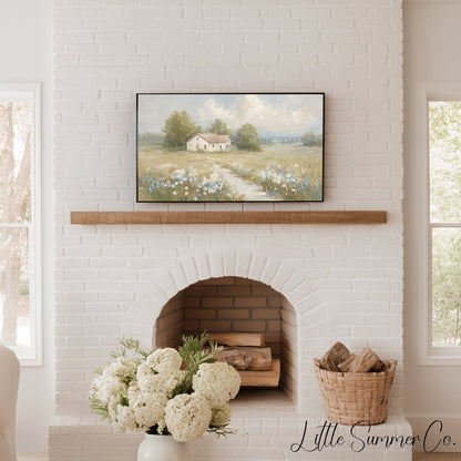 Farmhouse Meadow Clouds Frame TV Art displayed on a TV