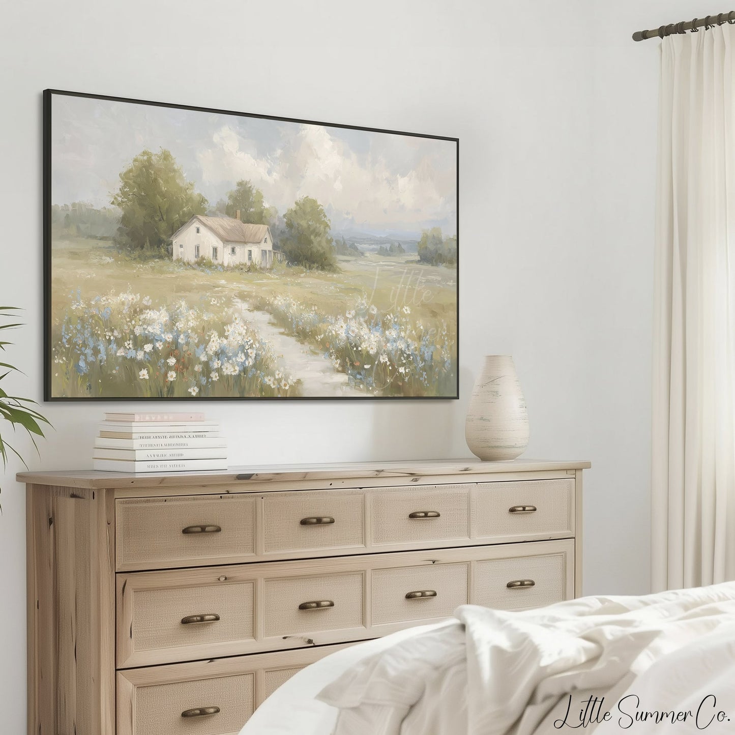 Farmhouse Meadow Clouds Frame TV Art displayed on a TV