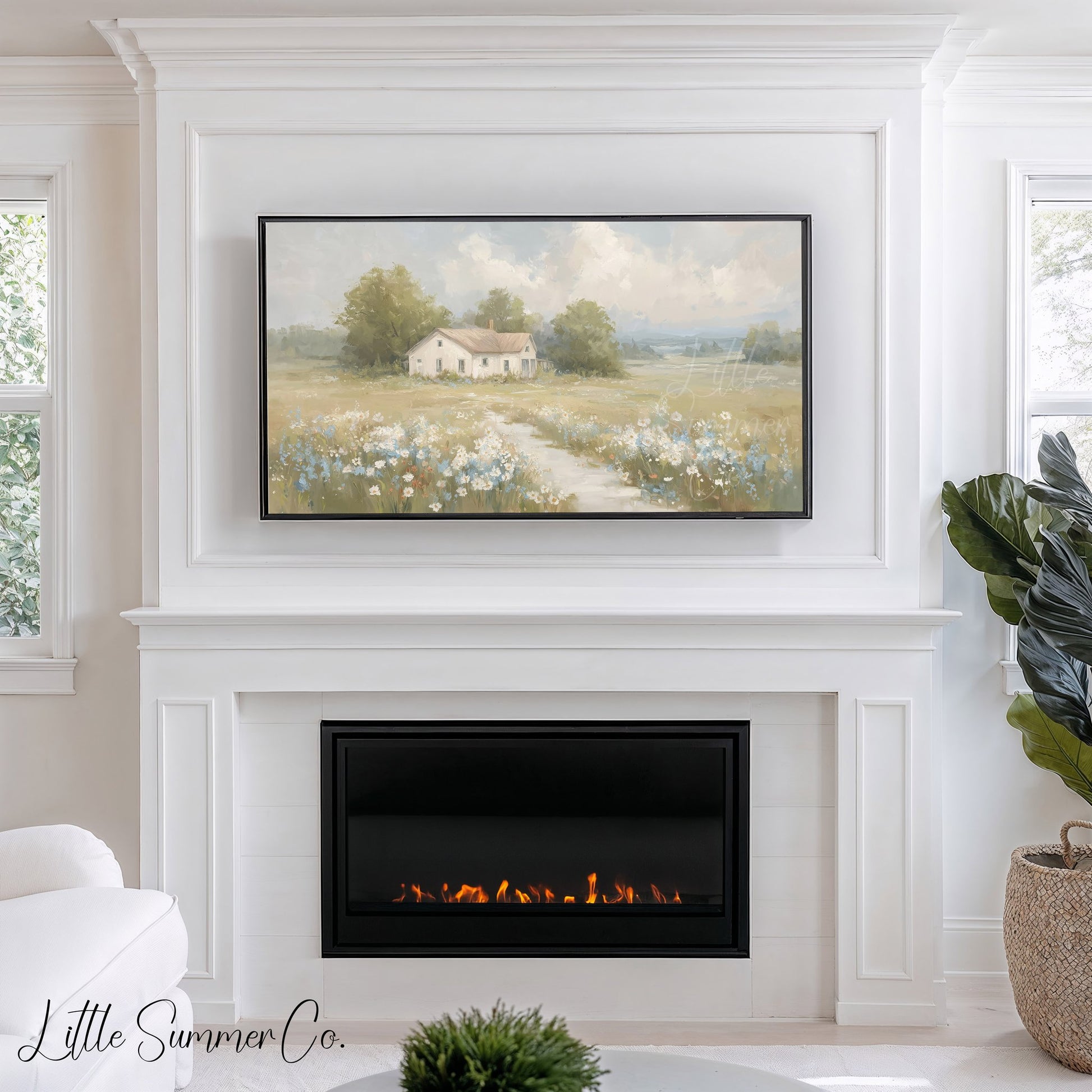 Farmhouse Meadow Clouds Frame TV Art displayed on a TV