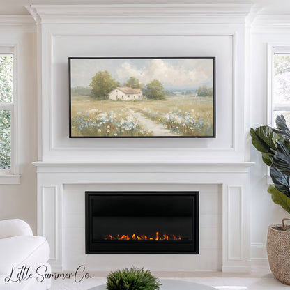 Farmhouse Meadow Clouds Frame TV Art displayed on a TV