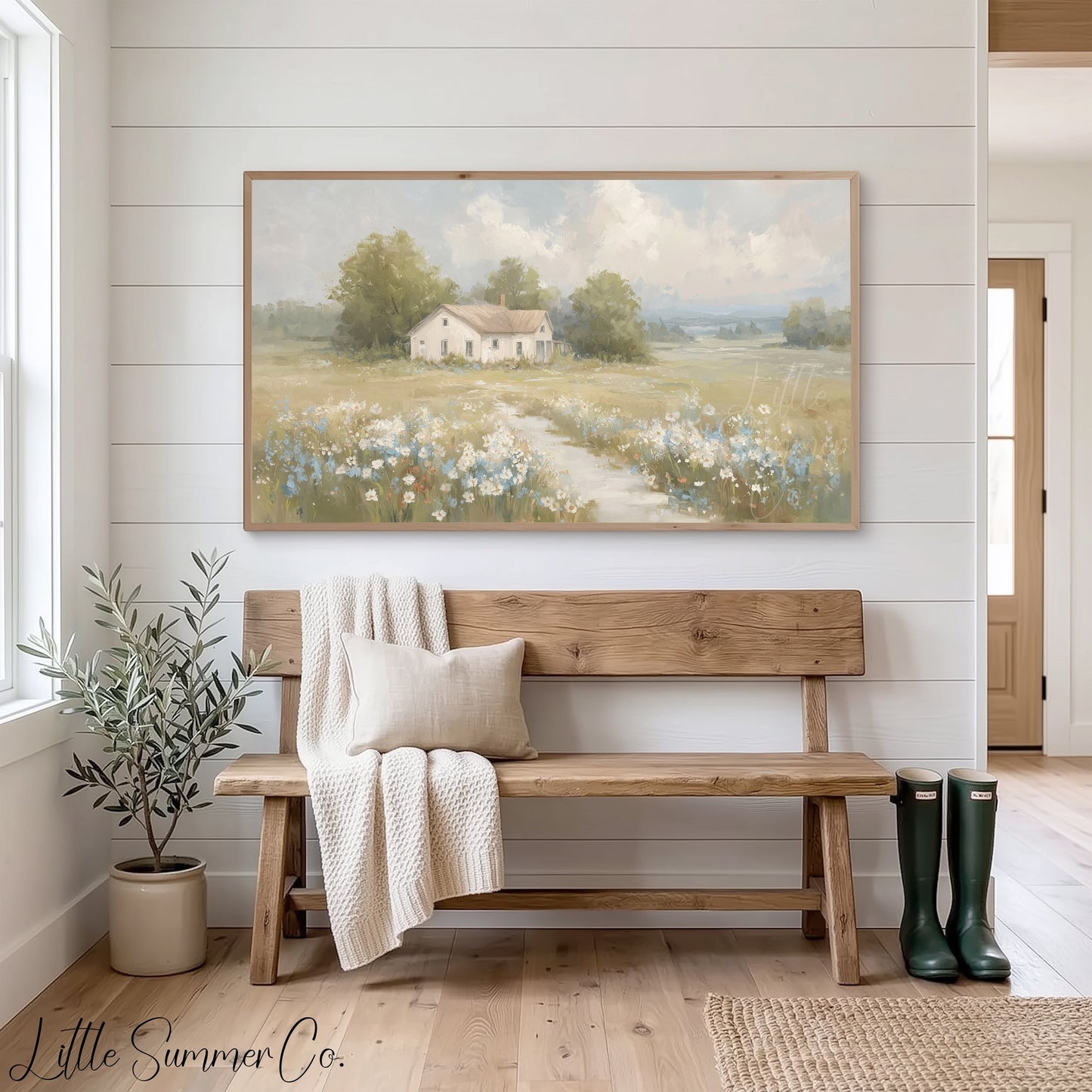 Farmhouse Meadow Clouds Frame TV Art displayed on a TV