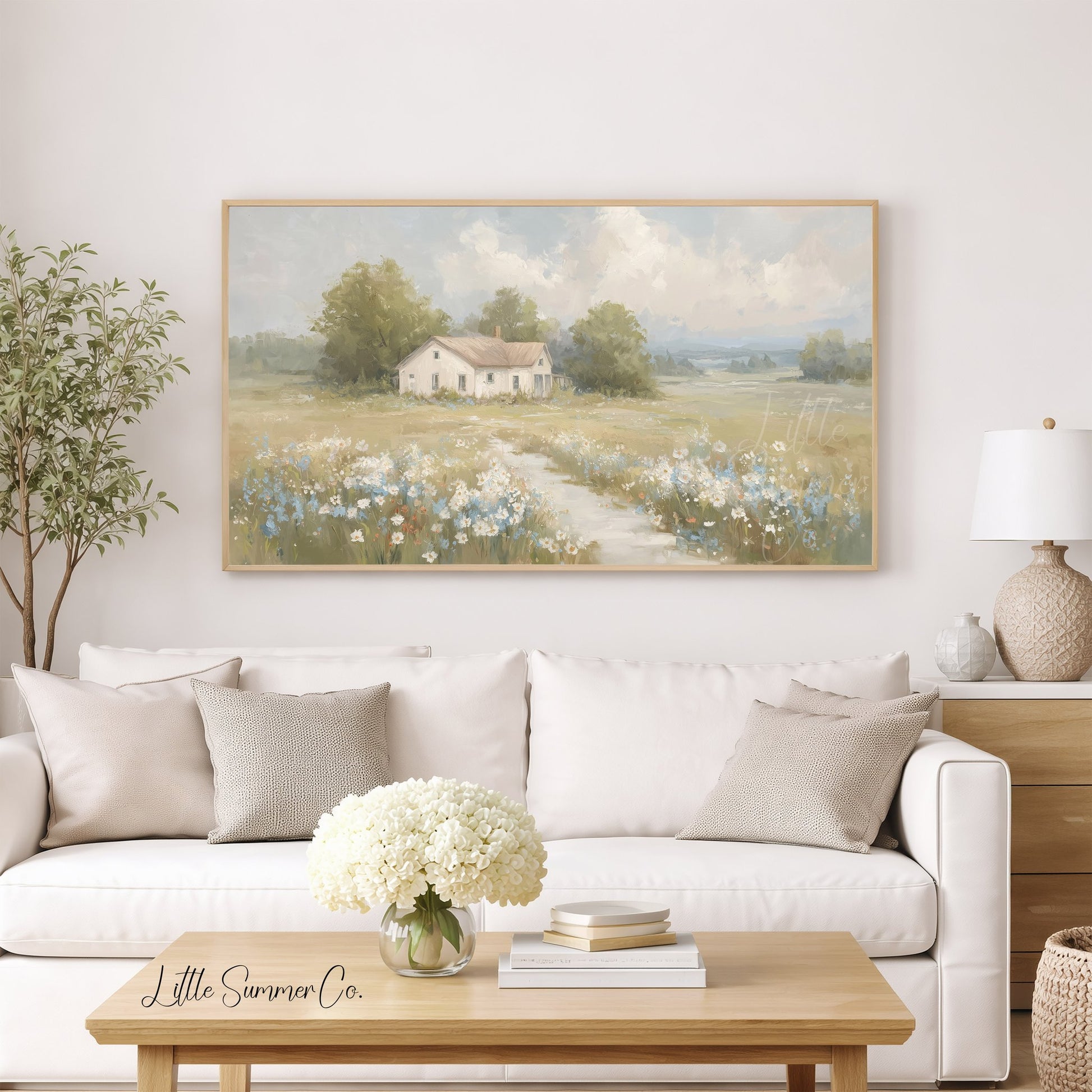 Farmhouse Meadow Clouds Frame TV Art displayed on a TV