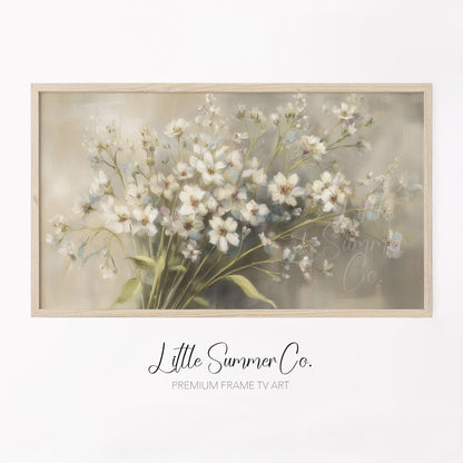 White Wildflower Bouquet Frame TV Art displayed on a TV
