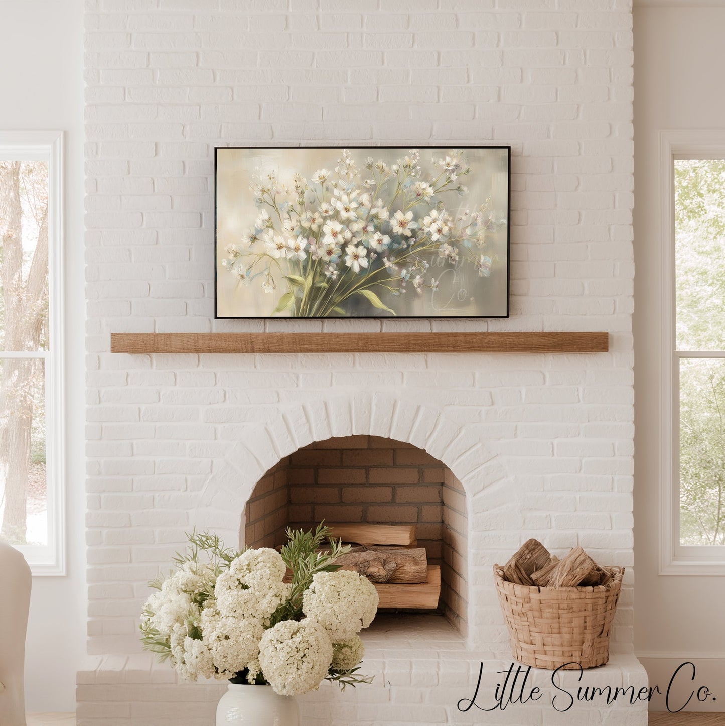 White Wildflower Bouquet Frame TV Art displayed on a TV