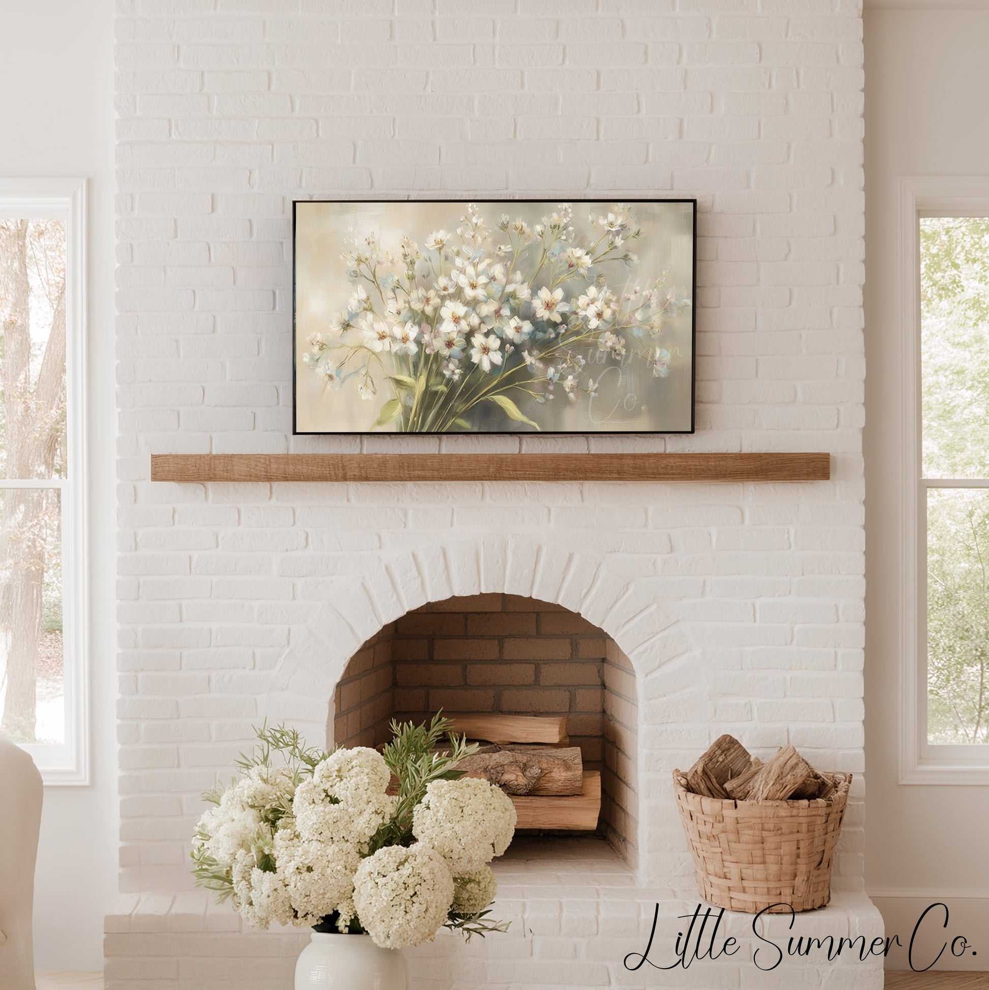 White Wildflower Bouquet Frame TV Art displayed on a TV
