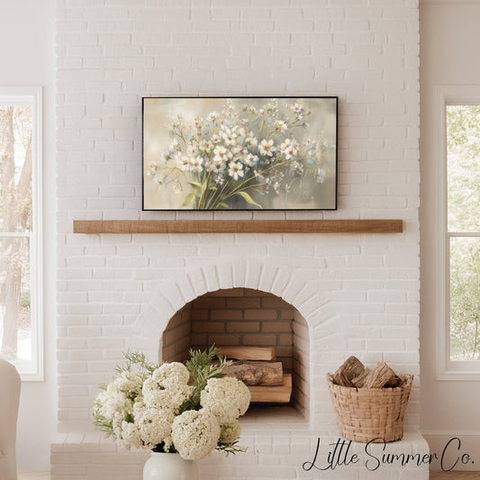 White Wildflower Bouquet Frame TV Art displayed on a TV