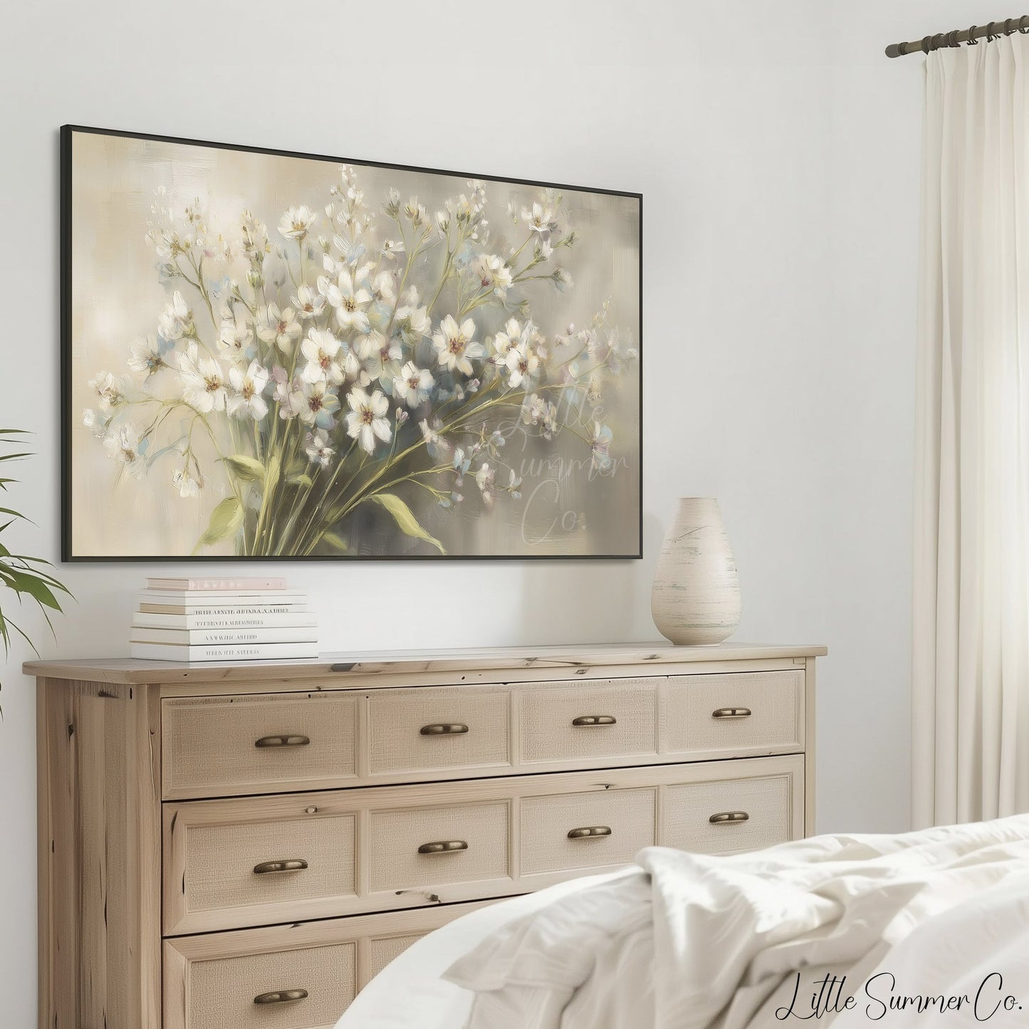 White Wildflower Bouquet Frame TV Art displayed on a TV