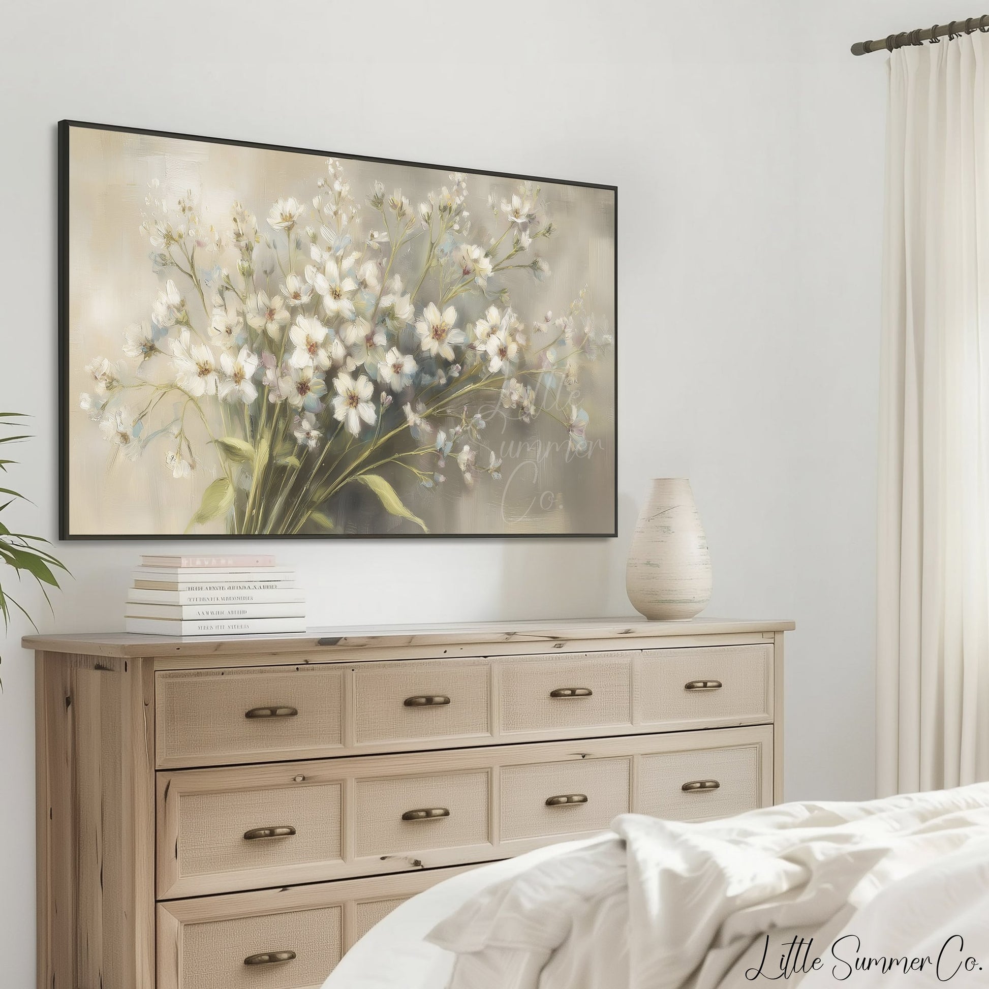White Wildflower Bouquet Frame TV Art displayed on a TV