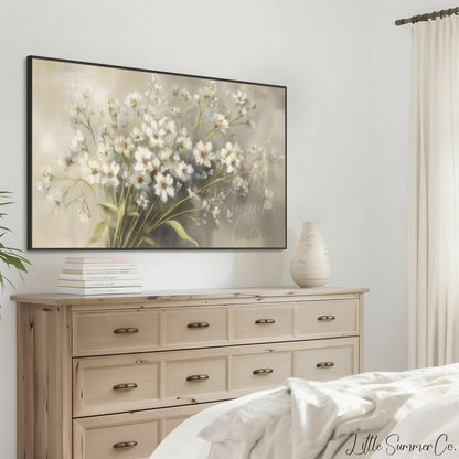White Wildflower Bouquet Frame TV Art displayed on a TV