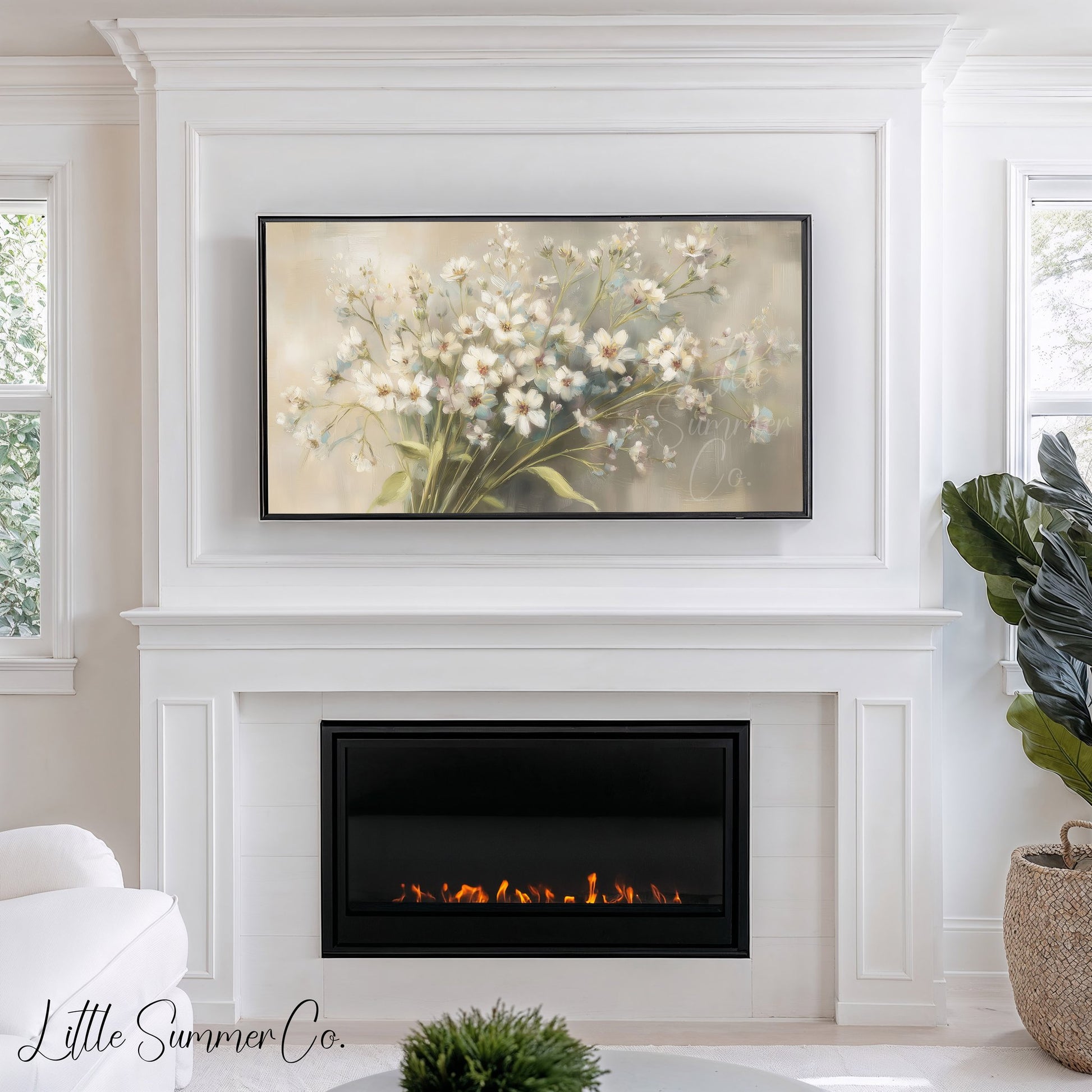 White Wildflower Bouquet Frame TV Art displayed on a TV