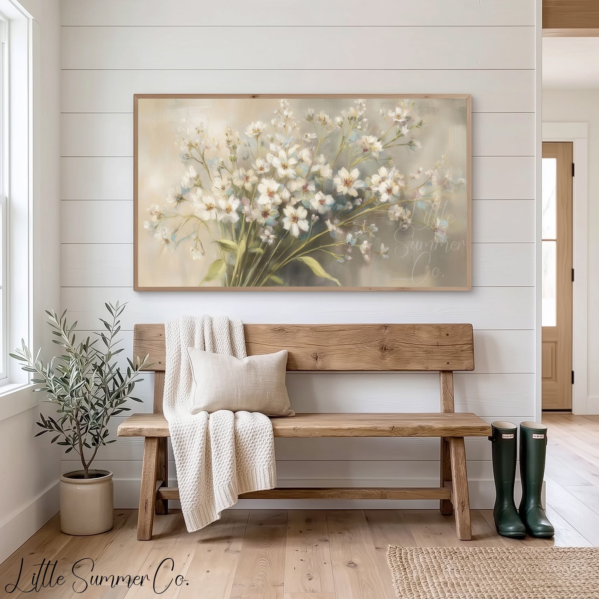 White Wildflower Bouquet Frame TV Art displayed on a TV