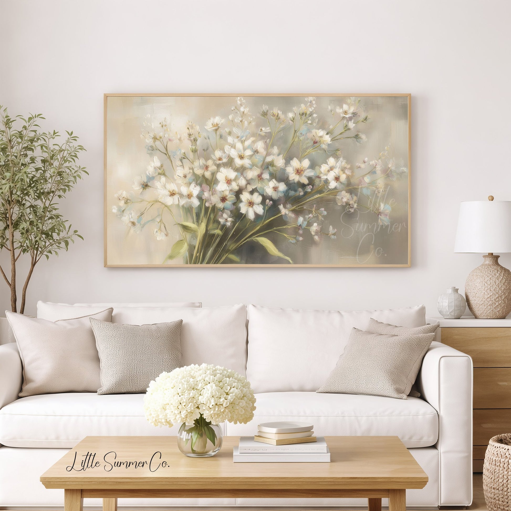 White Wildflower Bouquet Frame TV Art displayed on a TV