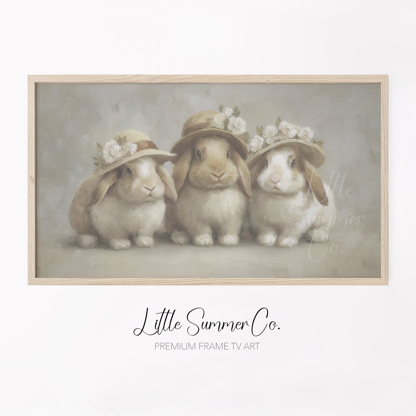 Cream Hat Bunny Trio Frame TV Art displayed on a TV