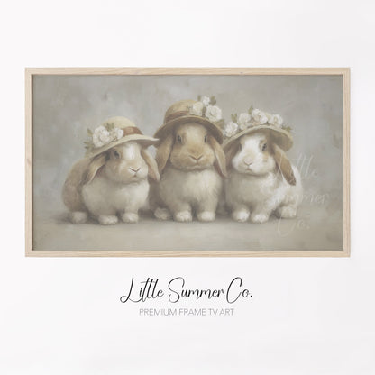 Cream Hat Bunny Trio Frame TV Art displayed on a TV