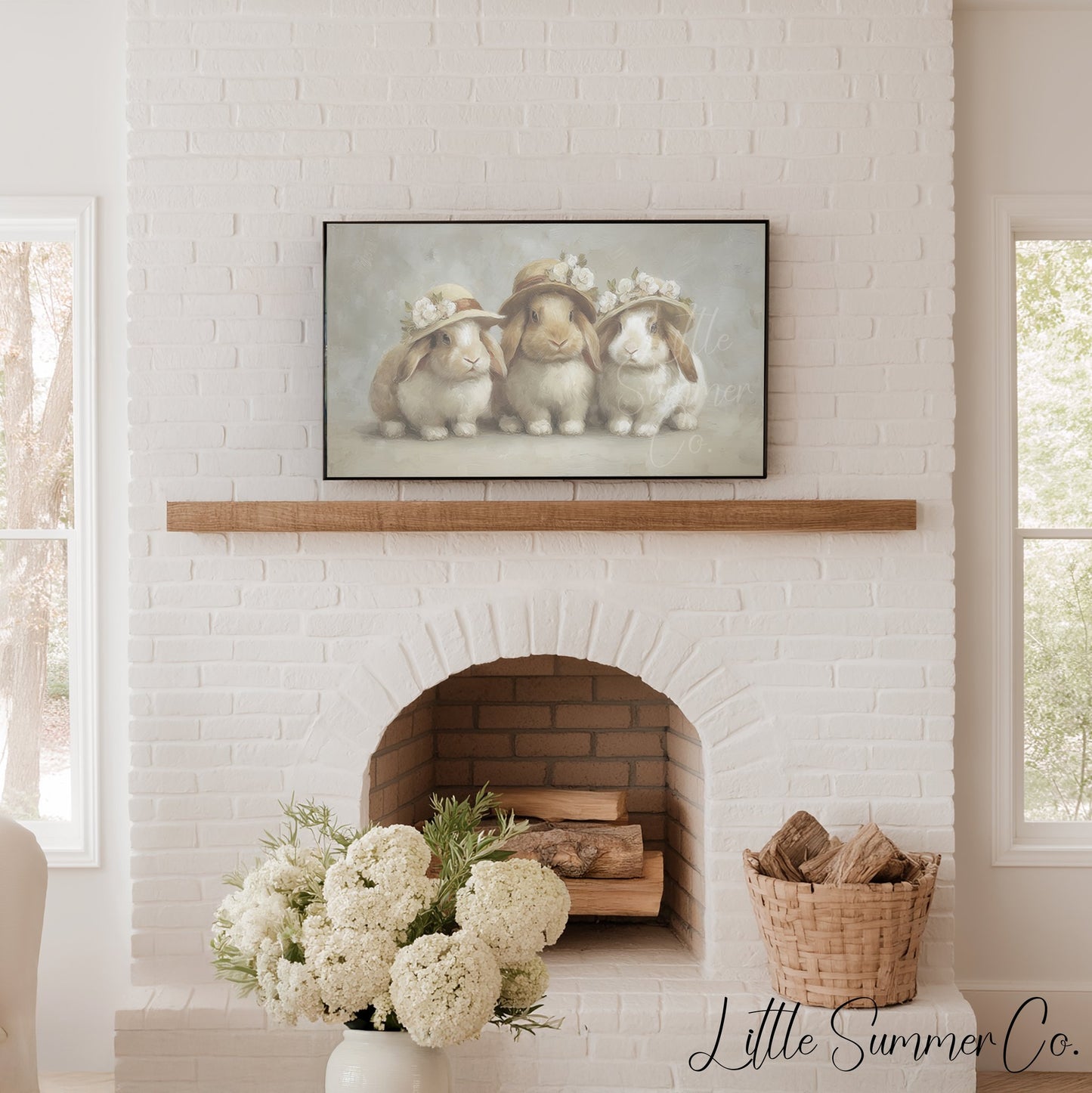 Cream Hat Bunny Trio Frame TV Art displayed on a TV