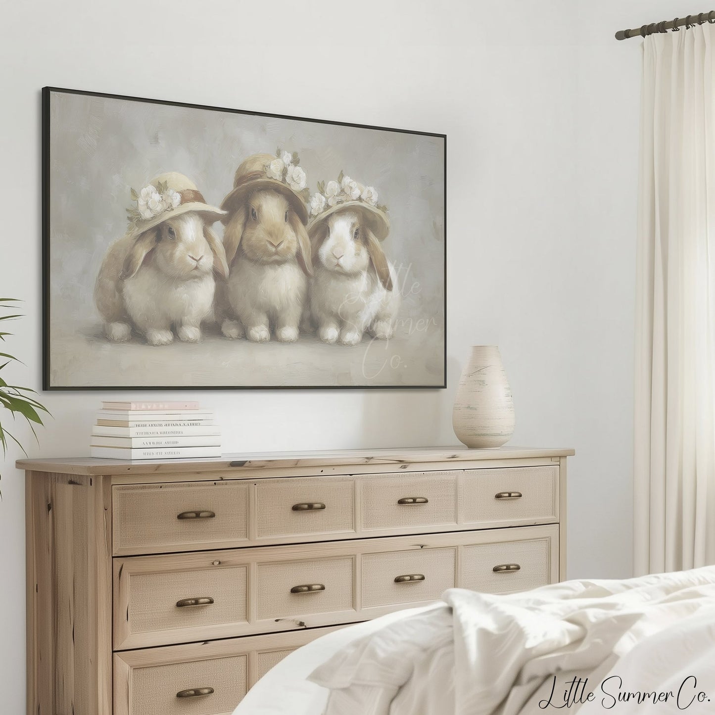Cream Hat Bunny Trio Frame TV Art displayed on a TV