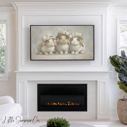 Cream Hat Bunny Trio Frame TV Art displayed on a TV