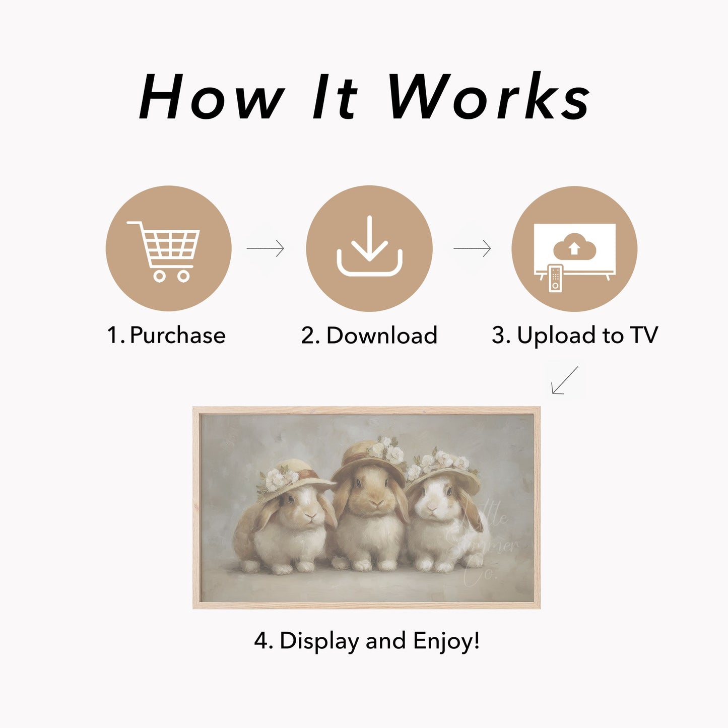 Cream Hat Bunny Trio Frame TV Art displayed on a TV