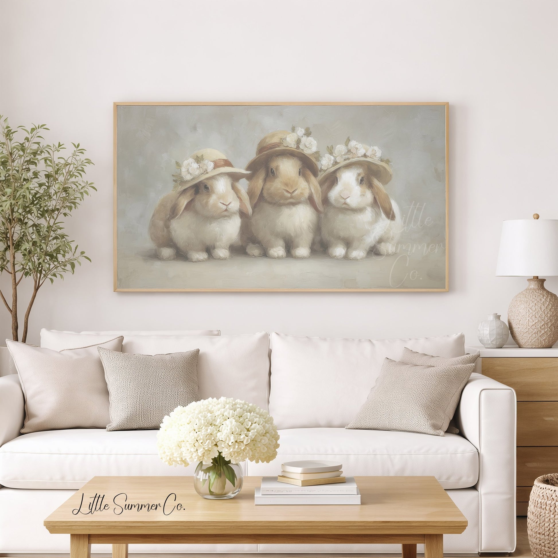 Cream Hat Bunny Trio Frame TV Art displayed on a TV