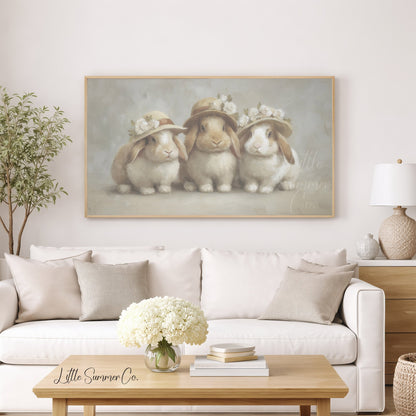 Cream Hat Bunny Trio Frame TV Art displayed on a TV