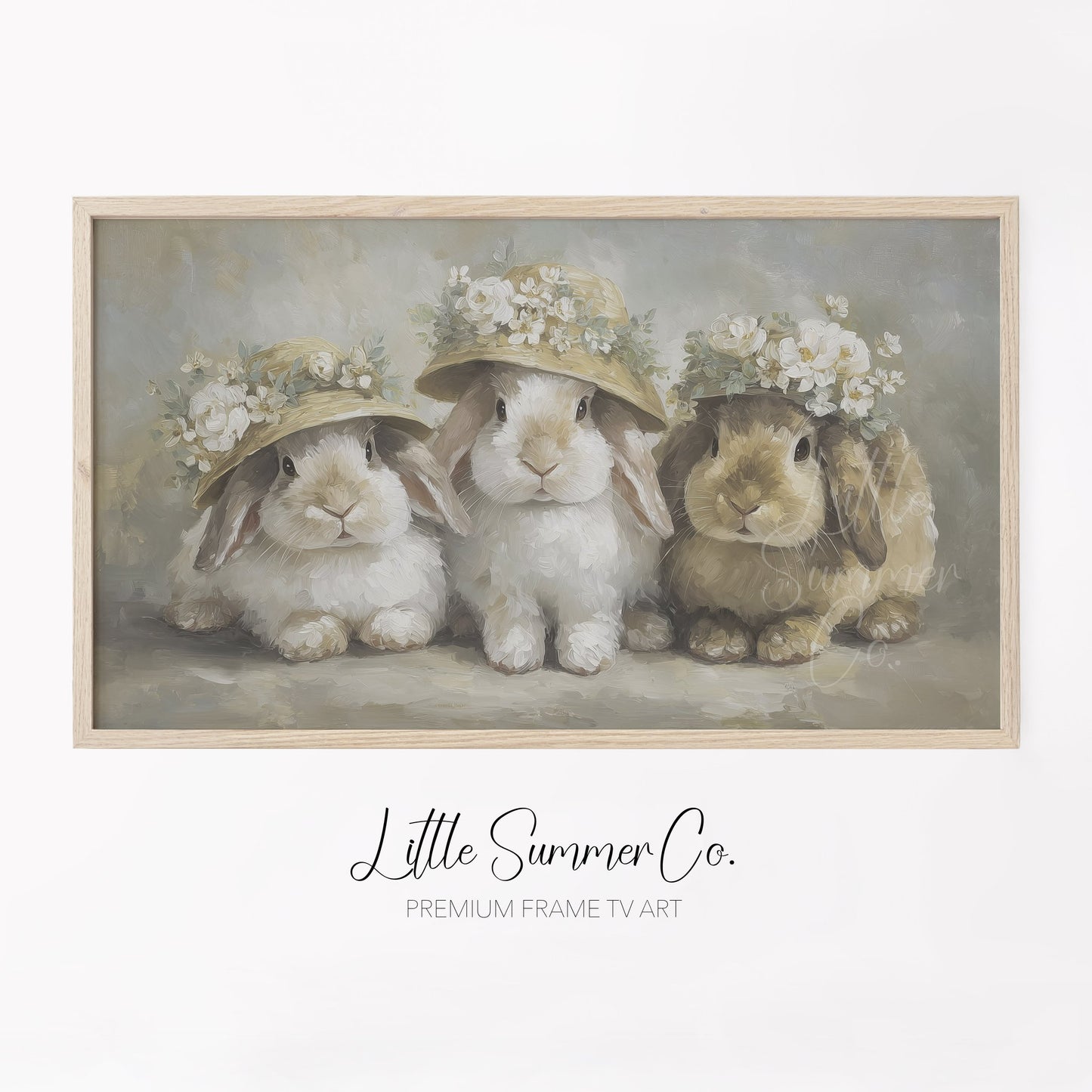 Flower Hat Bunny Trio Frame TV Art displayed on a TV
