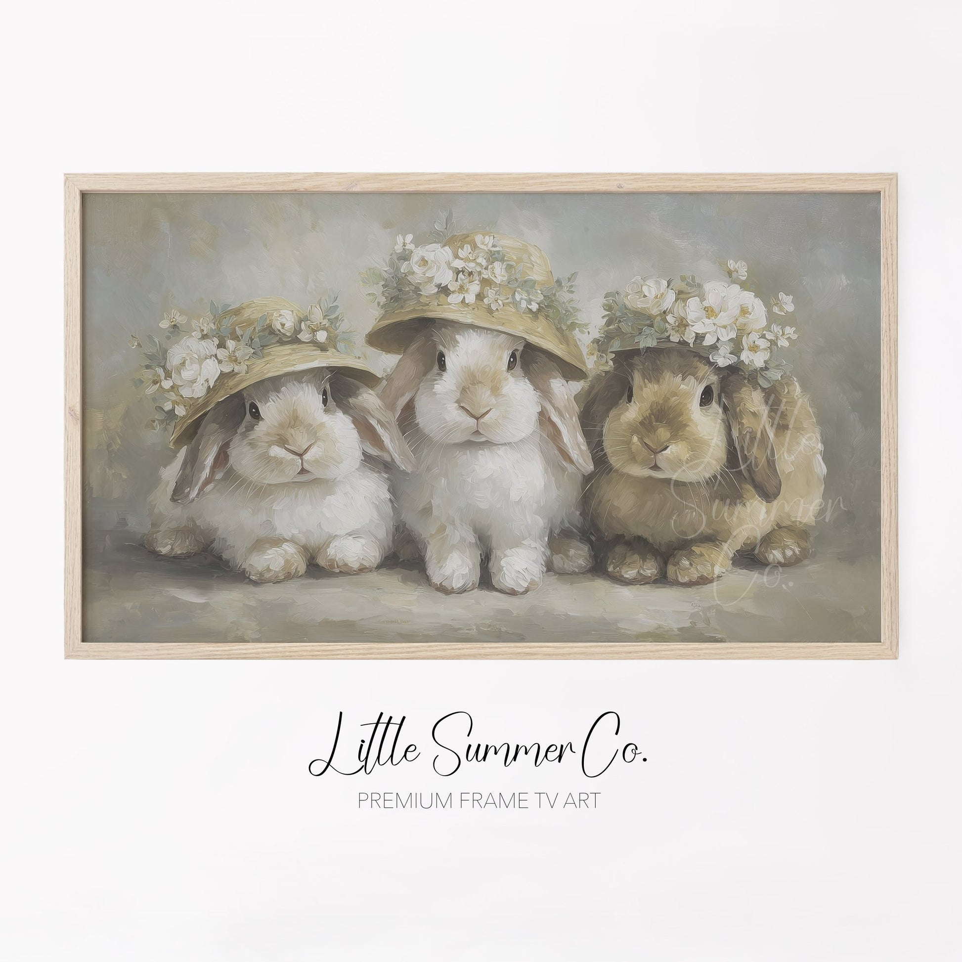 Flower Hat Bunny Trio Frame TV Art displayed on a TV