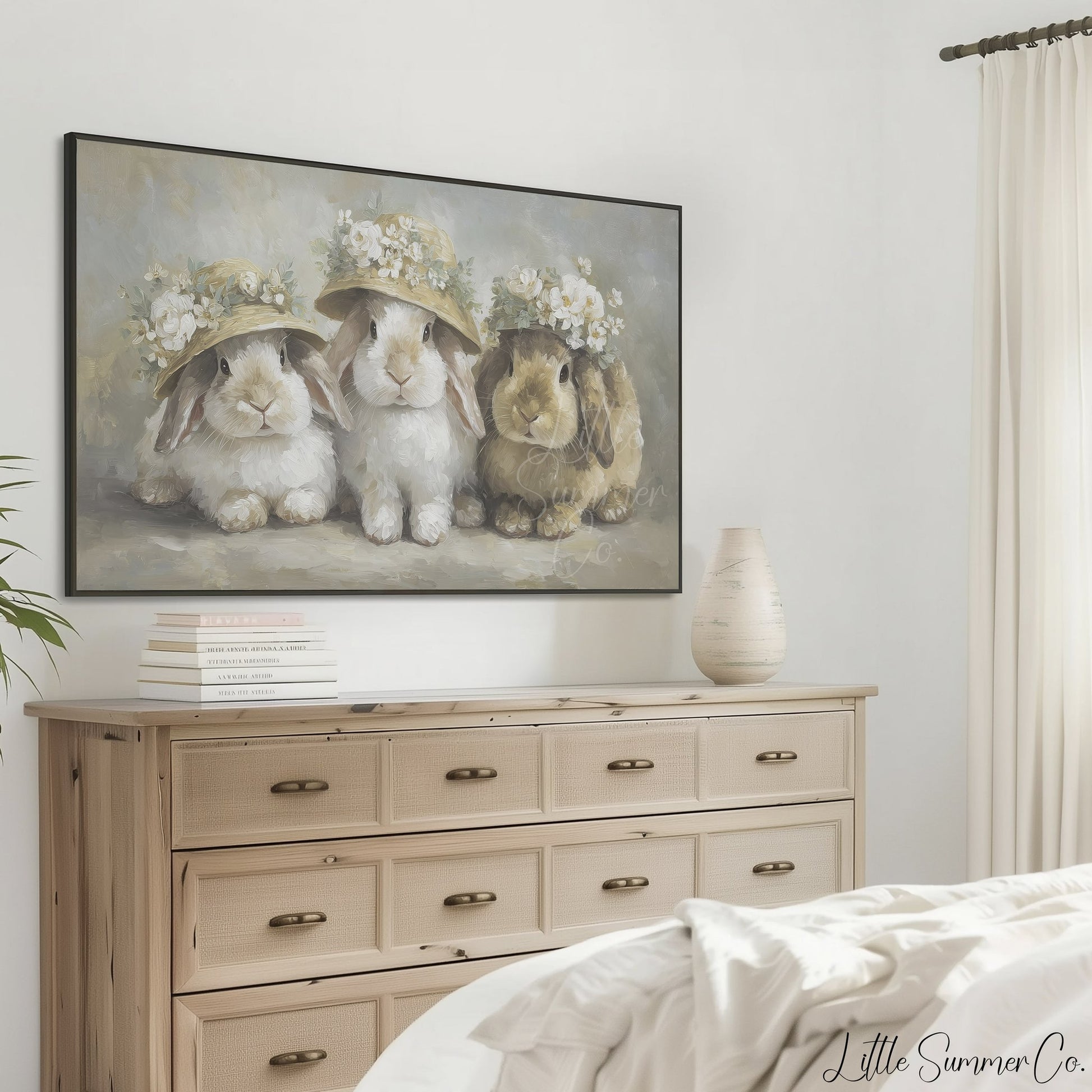 Flower Hat Bunny Trio Frame TV Art displayed on a TV