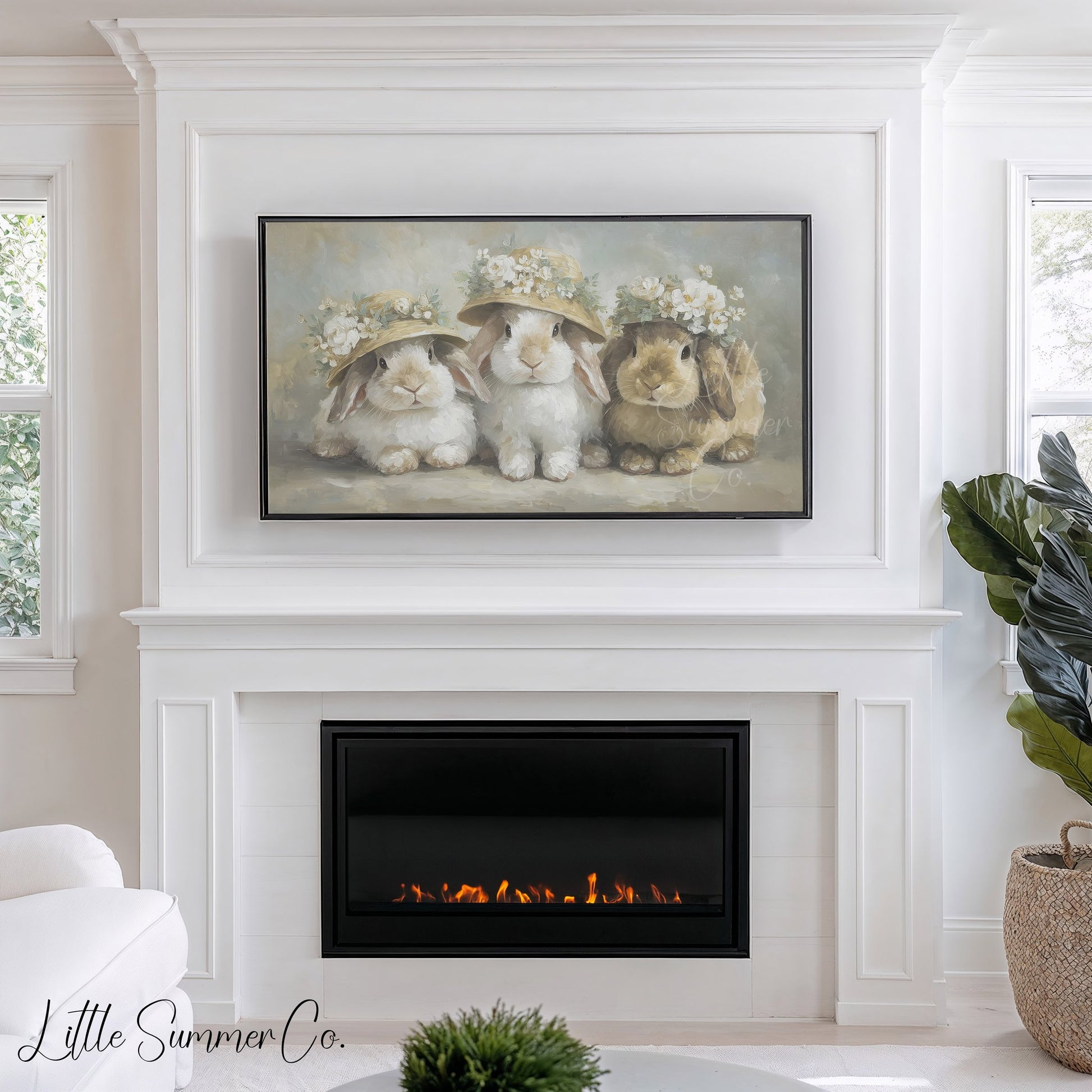 Flower Hat Bunny Trio Frame TV Art displayed on a TV