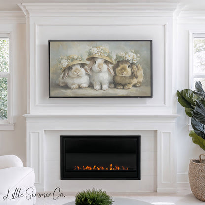 Flower Hat Bunny Trio Frame TV Art displayed on a TV