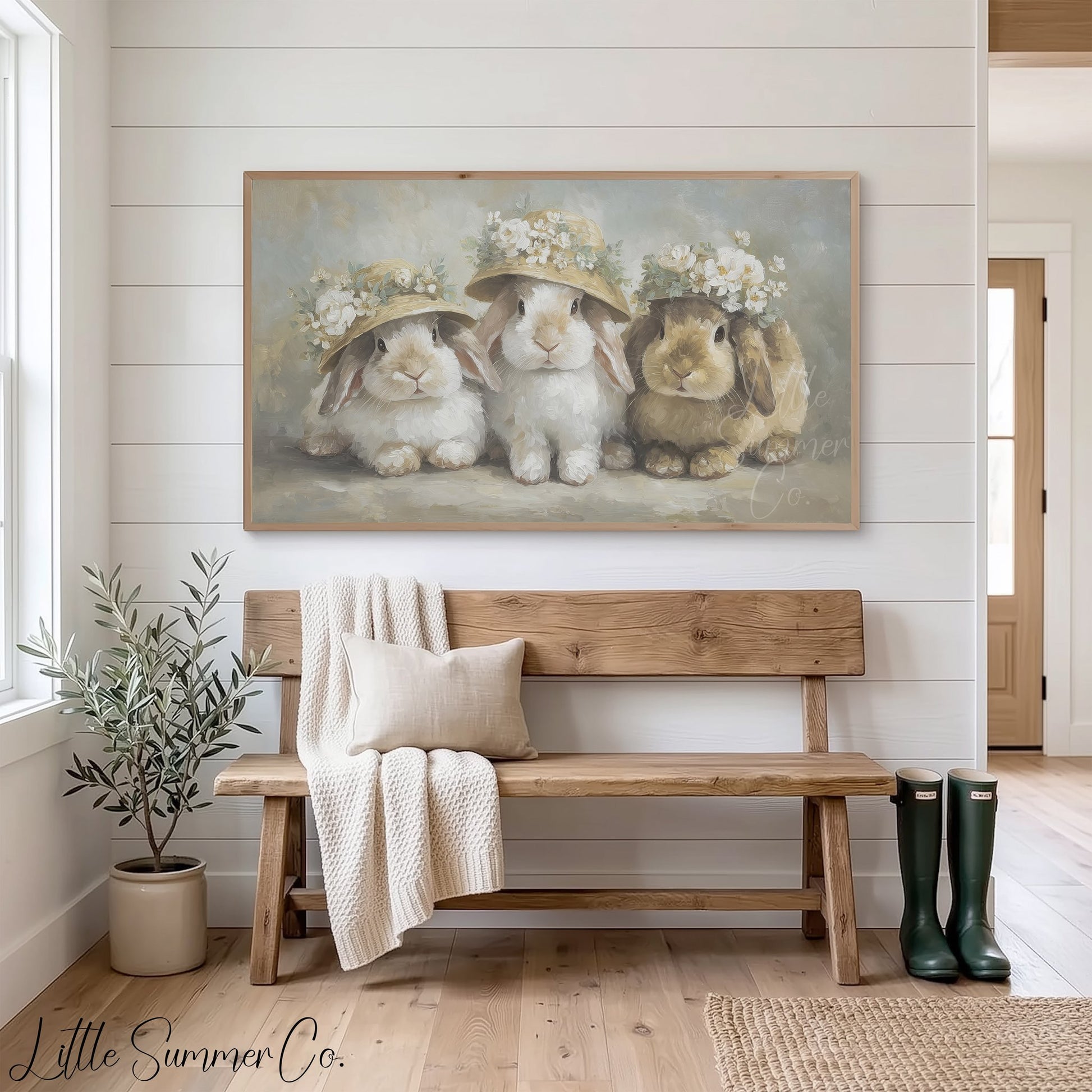 Flower Hat Bunny Trio Frame TV Art displayed on a TV