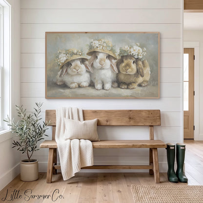 Flower Hat Bunny Trio Frame TV Art displayed on a TV
