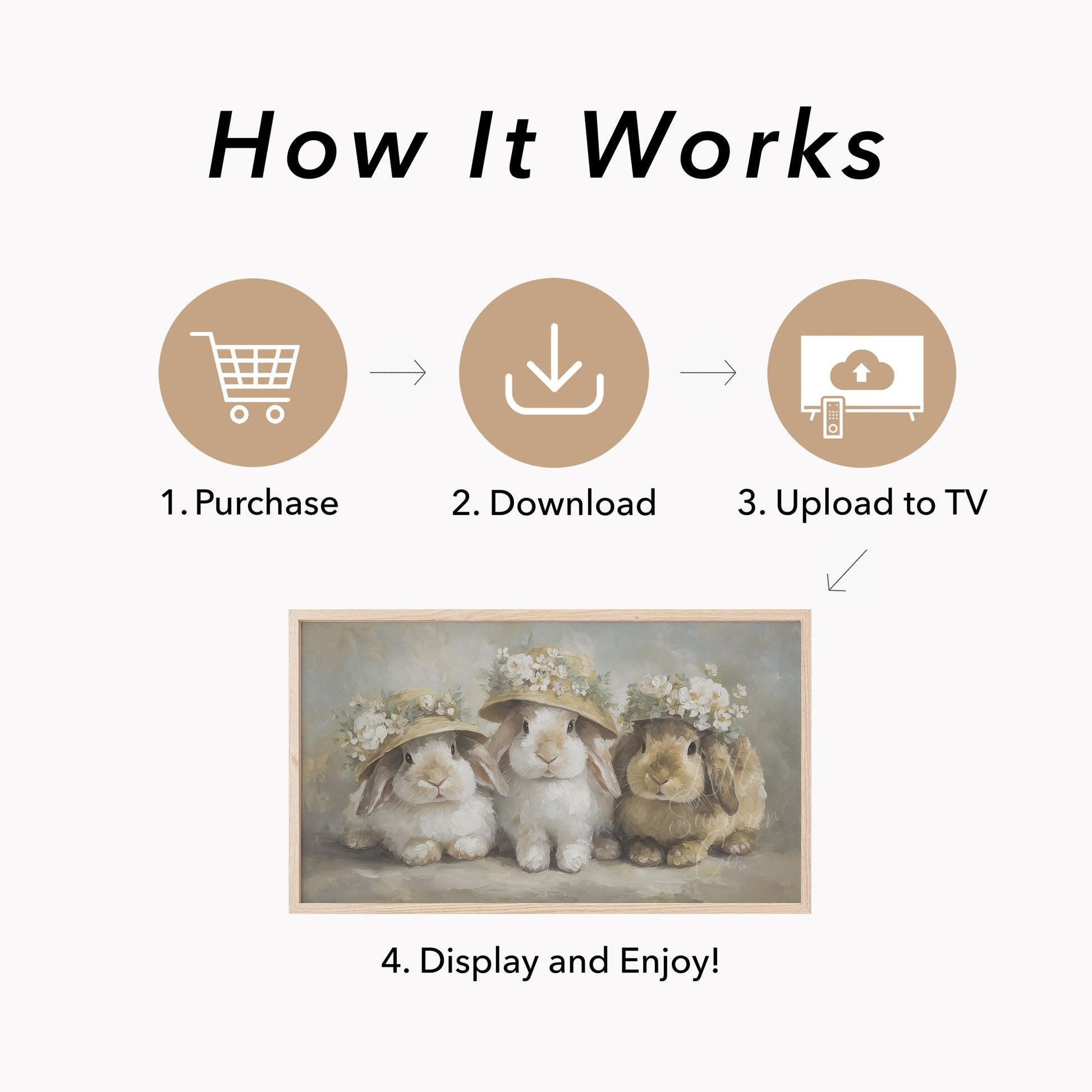 Flower Hat Bunny Trio Frame TV Art displayed on a TV
