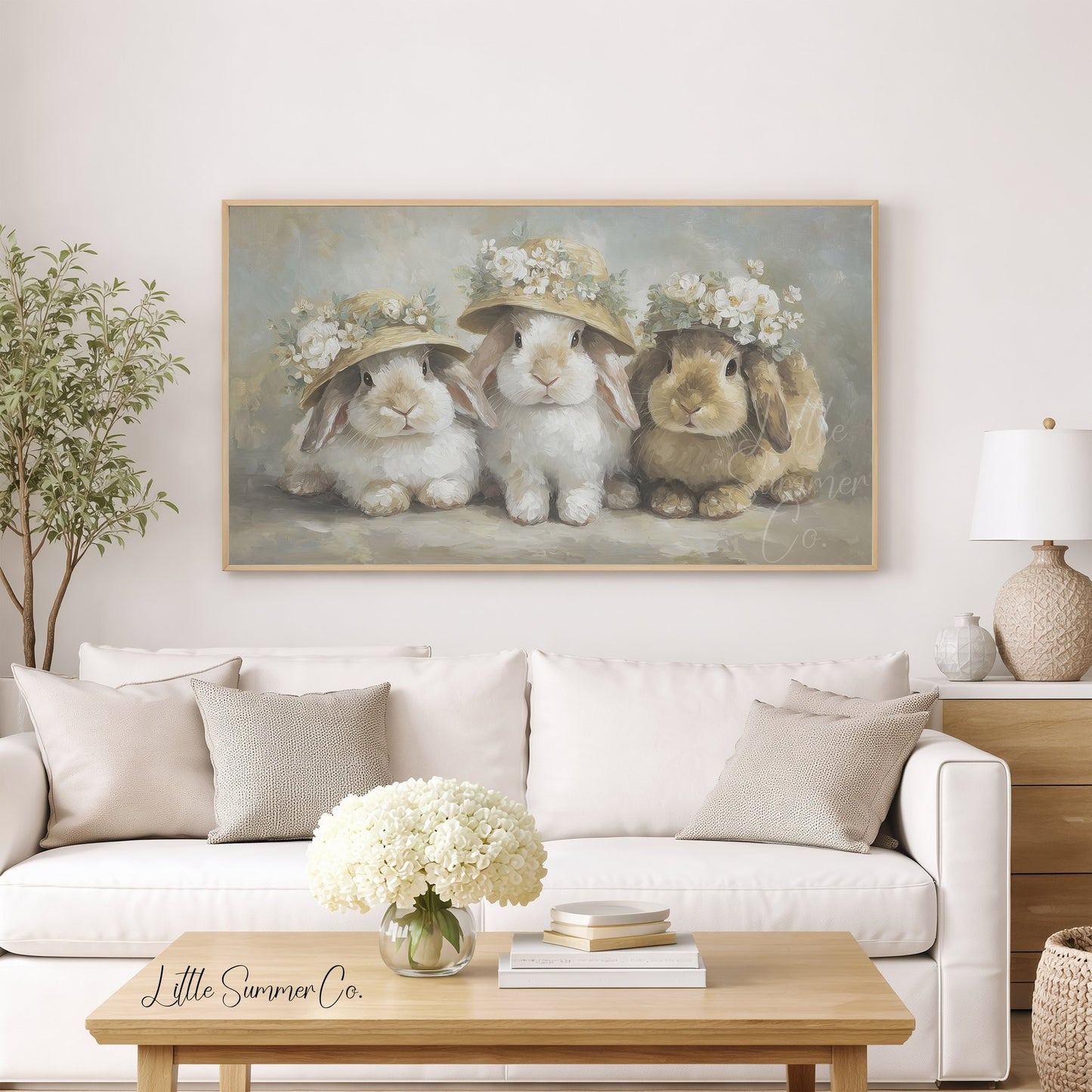 Flower Hat Bunny Trio Frame TV Art displayed on a TV