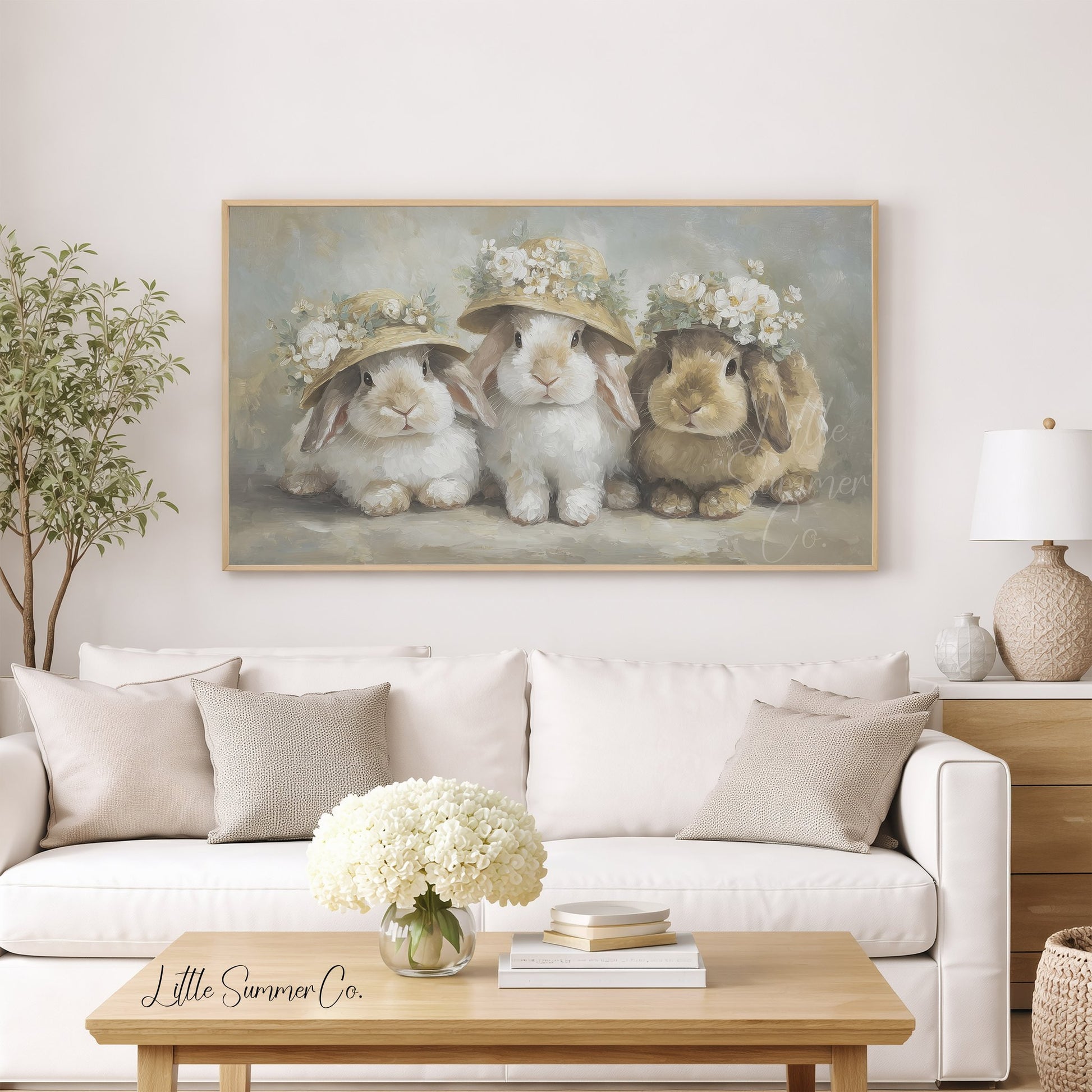 Flower Hat Bunny Trio Frame TV Art displayed on a TV