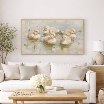 Baby Ducklings Swimming Frame TV Art displayed on a TV