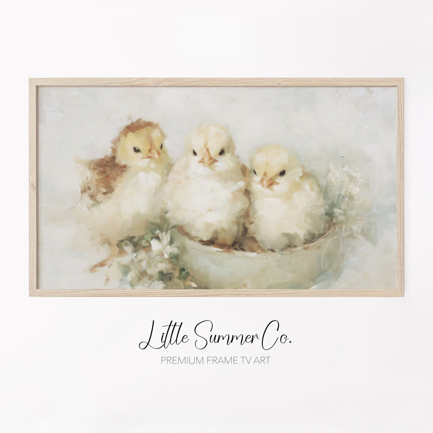 Baby Chicks In Bowl Frame TV Art displayed on a TV