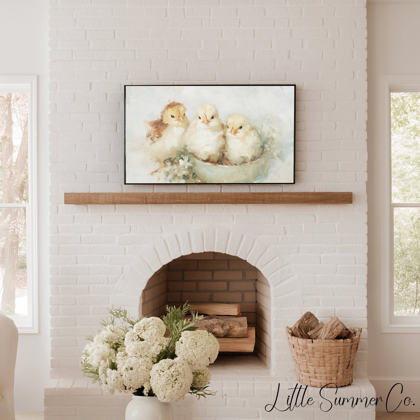 Baby Chicks In Bowl Frame TV Art displayed on a TV
