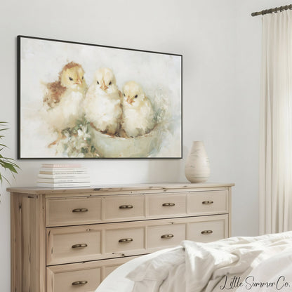 Baby Chicks In Bowl Frame TV Art displayed on a TV