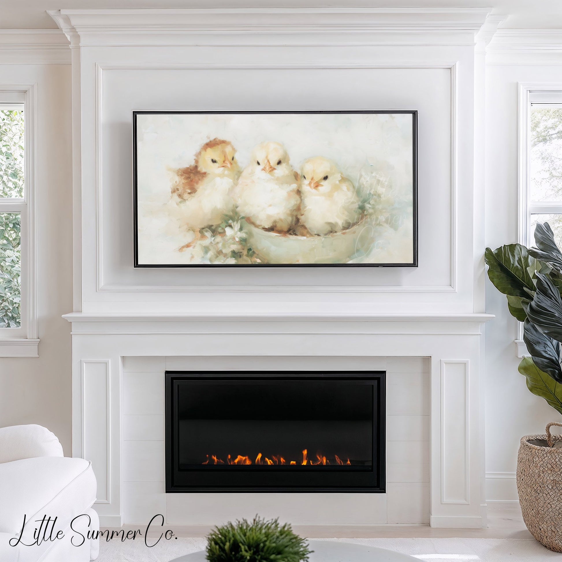 Baby Chicks In Bowl Frame TV Art displayed on a TV